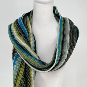 Talbots Womens Striped Knit Scarf Blue Green Wool Blend Fringe 76x14 Boho